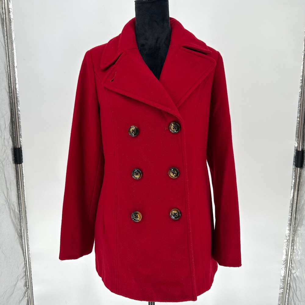 London Fog Red Wool Blend Pea Coat Overcoat Jacket Double Breasted Women's M
